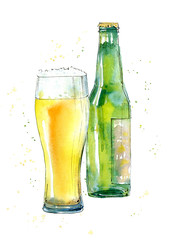Glass and bottle of light beer. Picture of a alcoholic drink. Watercolor hand drawn illustration.