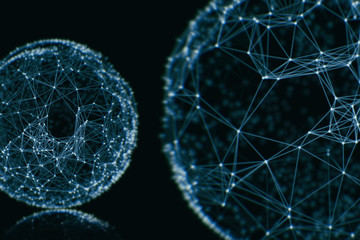 Abstract technology neural network and sphere geometry orb and polygonal lines and dots. Futuristic Technology, digitally generated image, 3d rendering