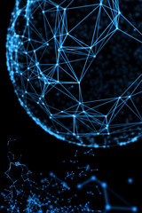 Abstract technology neural network and sphere geometry orb and polygonal lines and dots. Futuristic Technology, digitally generated image, 3d rendering