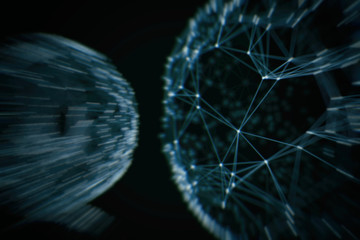 Abstract technology neural network and sphere geometry orb and polygonal lines and dots. Futuristic Technology, digitally generated image, 3d rendering