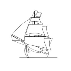 Contour image of ship isolated on white background. Horizontal composition.