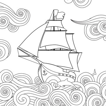 Contour image of sailing ship on the wave in zentangle ispired doodle style. Horizontal composition.
