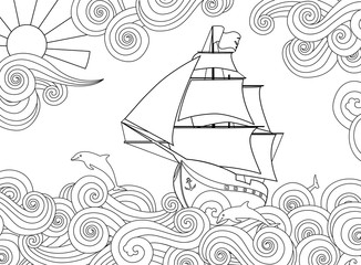 Contour image of ship on the wave in zentangle ispired doodle style. Horizontal composition. - 138138684