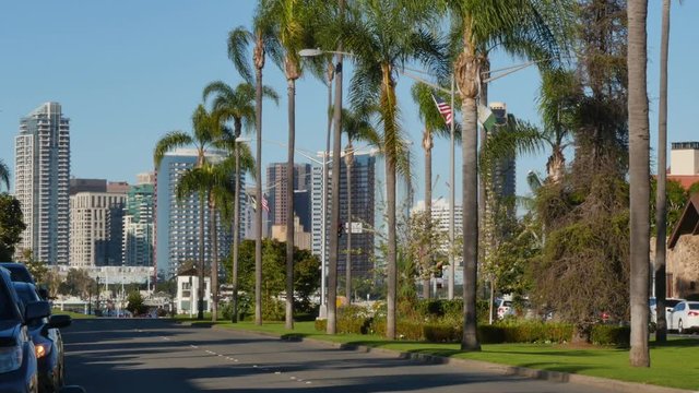 CORONADO - Circa February, 2017 - A daytime establishing shot of the city of San Diego as seen from the streets on the upscale island of Coronado.  	