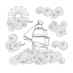 Contour image of ship on the wave, cloud, sun in zentangle inspired doodle style. - 138139631