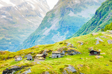 Fototapeta na wymiar Norwegian old country houses in mountains.