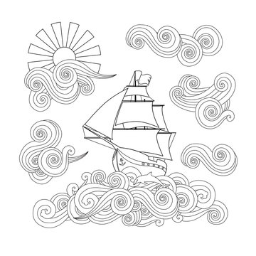 Contour image of ship on the wave, cloud, sun in zentangle inspired doodle style.