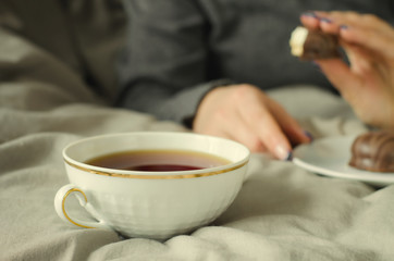 Female hands holding a cup of hot tea on warm blanket.