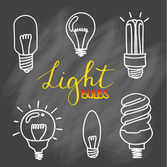 Light bulbs icon set. concept of big ideas inspiration, innovation, invention, effective thinking. CFL lamp.  Isolated. Vector illustration.  Idea symbol. Vector. sketch . On chalk background