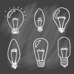 Light bulbs icon set. concept of big ideas inspiration, innovation, invention, effective thinking. CFL lamp.  Isolated. Vector illustration.  Idea symbol. Vector. sketch . On chalk background