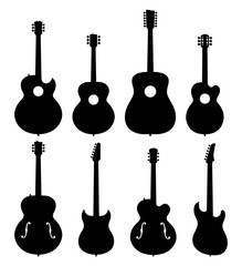 Vector Illustration Of A Set Of No Name, No Brand, Imaginary Jazz Guitar Silhouettes.