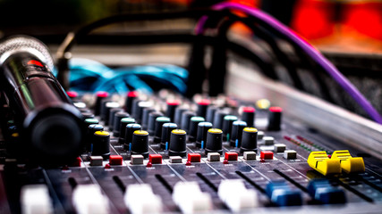 Beautiful closeup shot of Sound mixing control panel for recording music and live telecasts