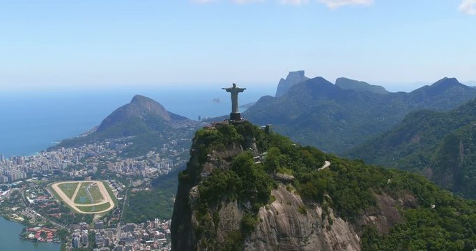 Aerial view of Christ the Redeemer Statue against Rio de Janeiro, Brazil