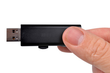 Flash drive in hand isolated on white background