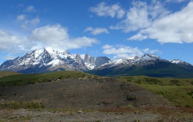 Looking across  the open tundra of Southern Patagonia at the beautiful Torres del Paine National Park.