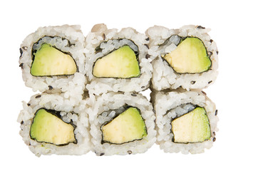 Six Japanese avocado hosomaki isolated on white background