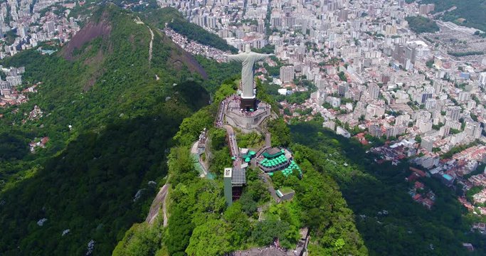 Aerial overhead shot of Christ the Redeemer Statue on the top of Corcovado Hill, Rio de Janeiro