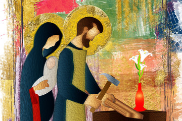 Holy family of Jesus, Mary and St Joseph the worker. Artistic abstract religious design.