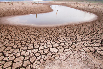 Climate change drought land and water in lake - obrazy, fototapety, plakaty