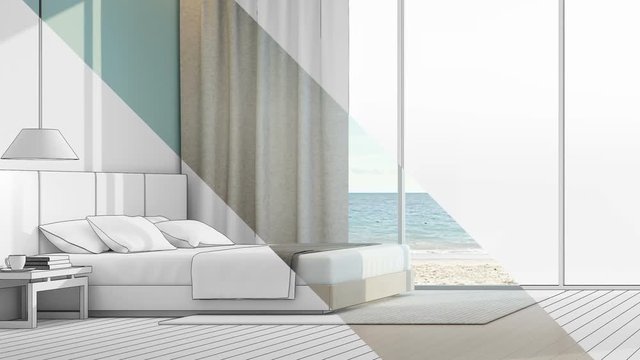 Sea view bedroom in luxury beach house - 3D rendering