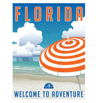 Florida travel poster. Detailed vector illustration of scenic beach with striped umbrella