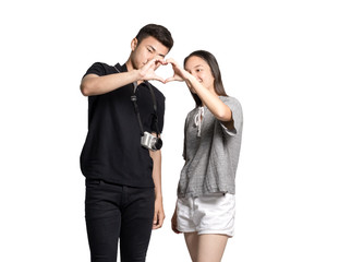 Portrait of young asian couple making the sign of love, Isolated on white background