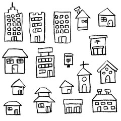 手描き　チョーク　クレヨン　建物　白バック