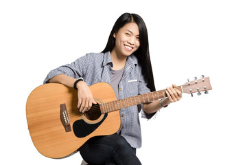 Portrait of a young business woman smiling with guitar. Isolated on white background with copy space
