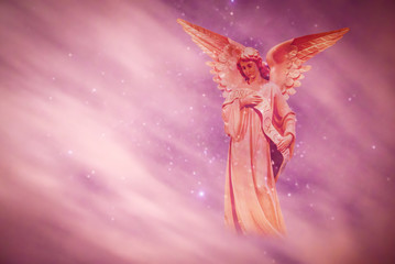 Fototapeta na wymiar Angel in heaven over purple background