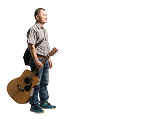 Portrait of a happy mature man standing and holding guitar. Isolated full length on white background with copy space