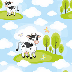 Vector colorful seamless pattern with the image of farm animals in cartoon style.