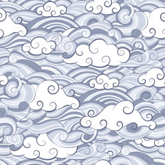 Fototapeta na wymiar Vector background seamless pattern doodle cloud in the sky lined with curved lines in grey color