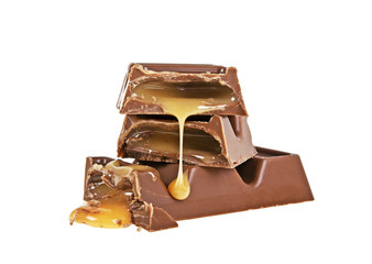 Chocolate bar with caramel isolated on white background