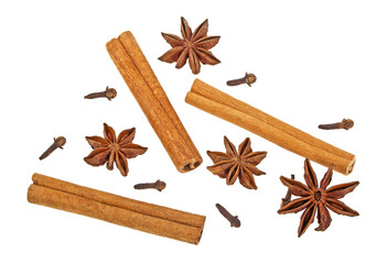Cloves, anise and cinnamon isolated on white background