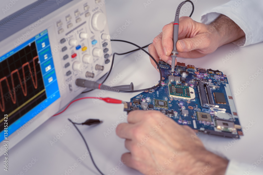 Poster technological background with closeup on tech hands