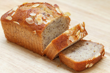 Slice Homemade almond banana bread cake 