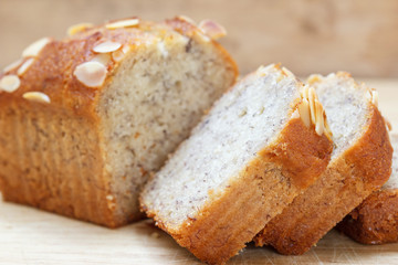 Slice Homemade almond banana bread cake 
