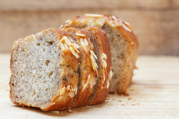 Slice Homemade almond banana bread cake 