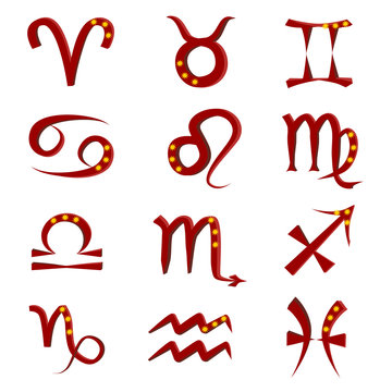Set of nice zodiac icons. Burgundy vector illustration with three stars on a white background