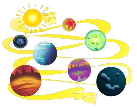 Vector of colorful set of planets with sun on the white background. Illustration of invented solar system