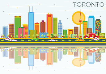 Toronto Skyline with Color Buildings, Blue Sky and Reflections.