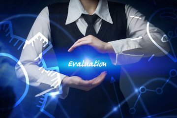  Business, technology, internet and networking concept. Business woman chooses icon - Evaluation