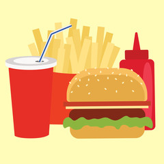 Fast food. Ketchup, mustard, glass of cola, french fries, hamburger.