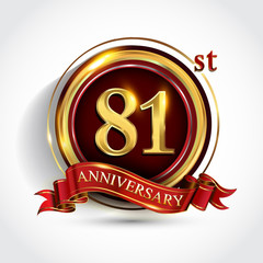 81st anniversary logo with ring and ribbon golden colored isolated on white background, vector design for greeting card and invitation card.
