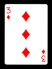 Three of Diamonds playing card, isolated on black background.