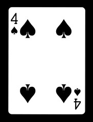 Four of spades playing card, isolated on black background.