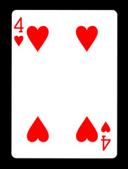 Four of hearts playing card, isolated on black background.