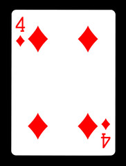 Four of diamonds playing card, isolated on black background.