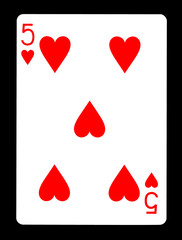 Five of hearts playing card, isolated on black background.