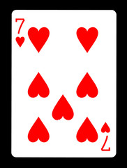 Seven of Hearts playing card, isolated on black background.